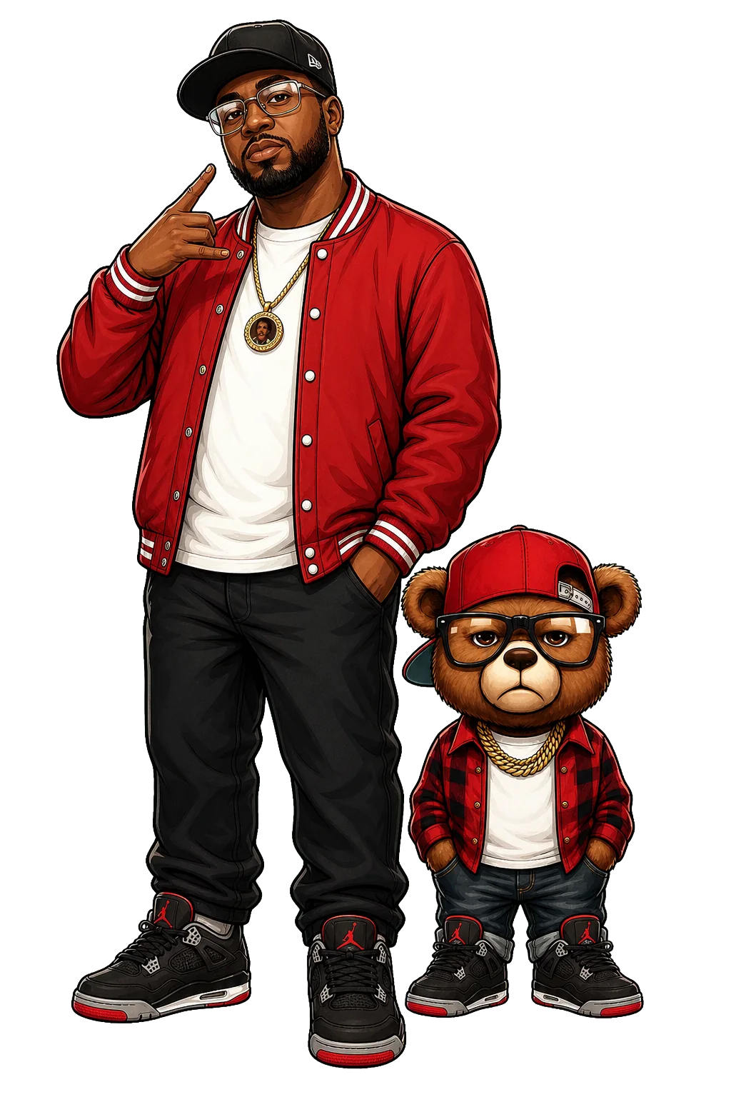 Illustrated Sincere Carter standing beside the Carter bear mascot